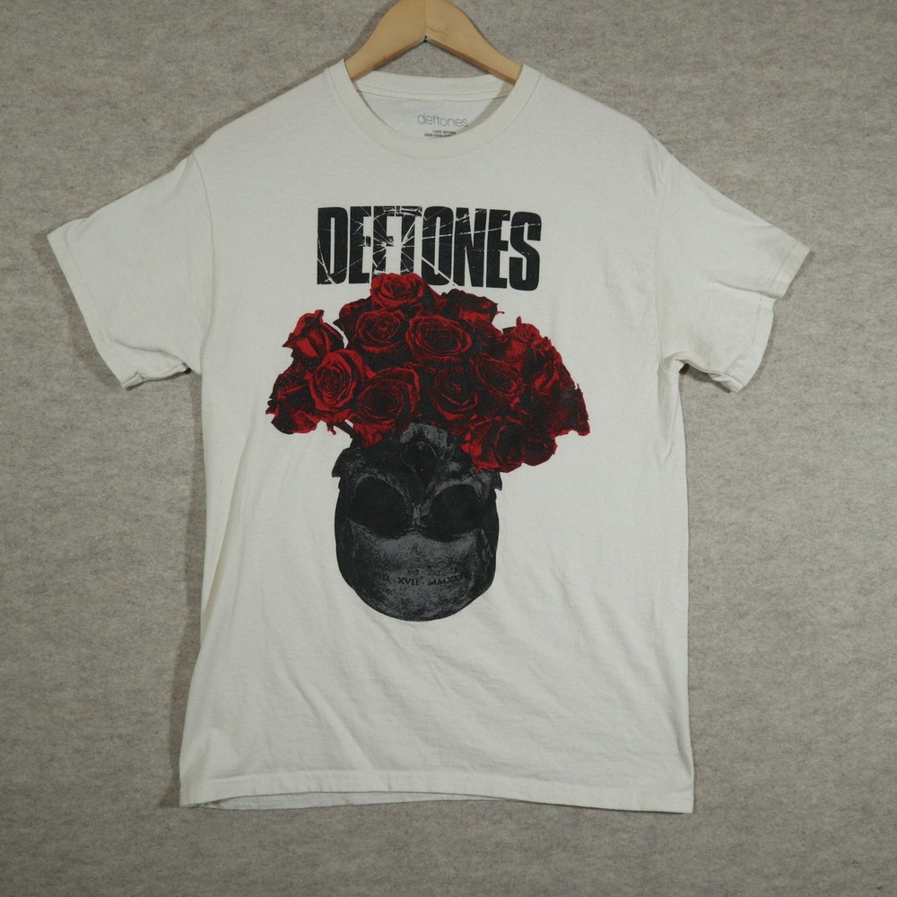 Deftones Skull Roses Band T-Shirt Mens Medium White Cotton Graphic Tee Grunge